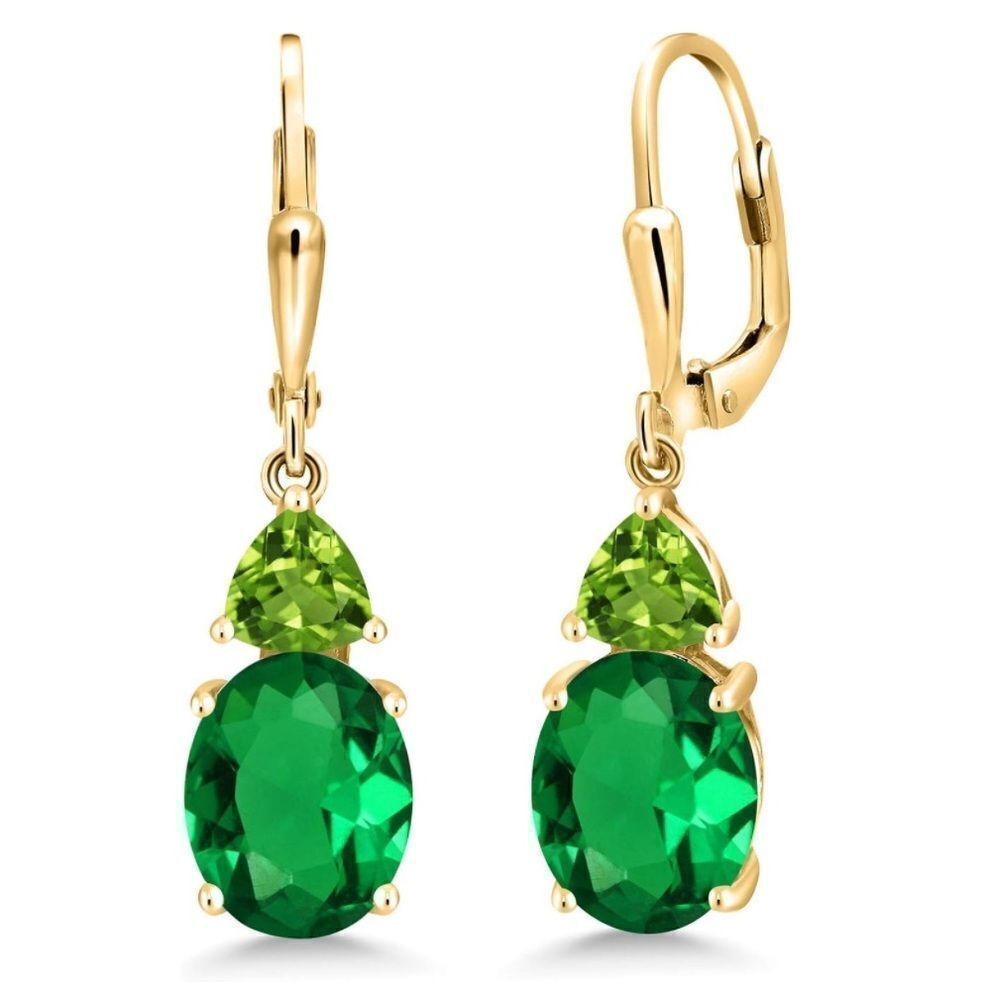 18K Yellow Gold with 4.96 Cttw Emerald and Peridot Leverback Drop Earrings